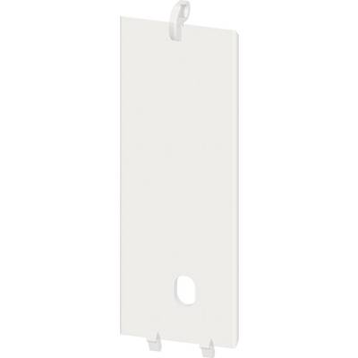 Witte rechthoekige afdekking met haak bovenaan en opening onderaan, mogelijk een afdekking voor elektrische componenten of schakelingen.