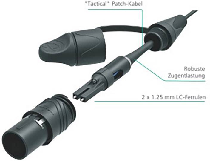 Het beeld toont een robuust, tactisch patchkabel met trekontlasting en twee LC-ferrules van 1,25 mm, dat geschikt is voor zware belastingen.