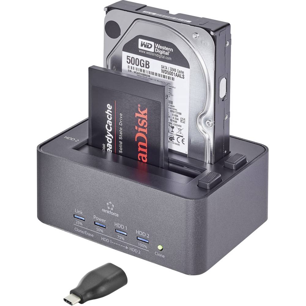 Renkforce rf-docking-10 USB-C® USB 3.2 (Gen 1) SATA 2 poorten Harde schijf-dockingstation Met clone-functie, Met wis-fu