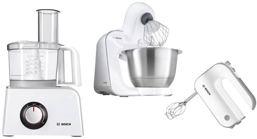 Drie Bosch-keukenapparatuur: een keukenmachine met maatbeker, een standmixer met metalen kom en een handmixer.
