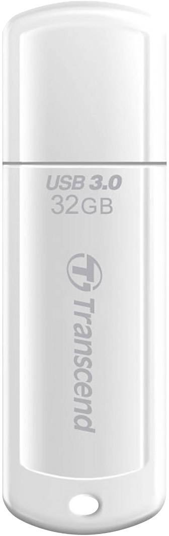 Een witte USB-stick met de opdruk 'USB 3.0' en '32GB', merk 'Transcend'.