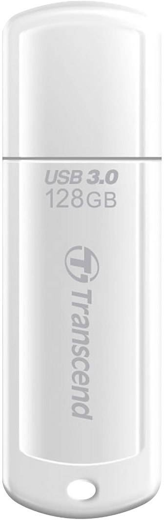 Een witte USB-stick van Transcend met 128 GB en USB 3.0-capaciteit.