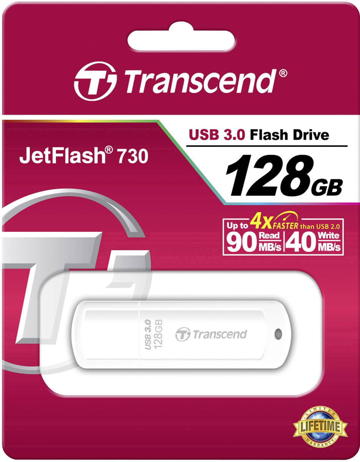 Transcend JetFlash 730 USB 3.0 Flash Drive in verpakking, 128 GB capaciteit, snelheid: tot 90 MB/s lezen, 40 MB/s schrijven.