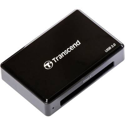 Een zwarte kaartlezer van het merk Transcend met USB 3.0-ondersteuning, geschikt voor CFast 2-kaarten.
