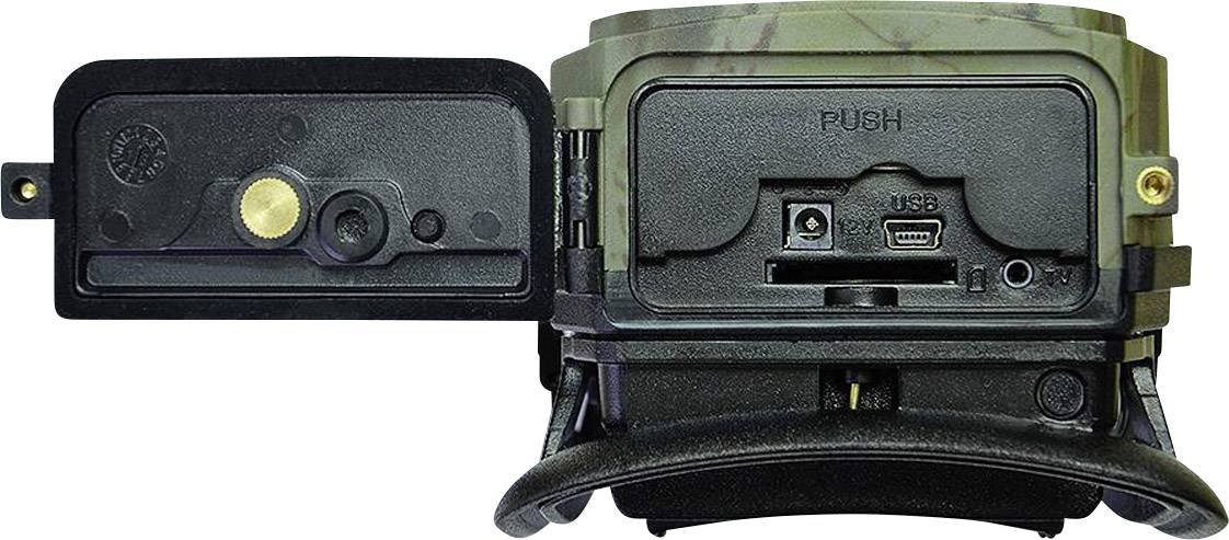 Een wildcamera-behuizing met geopende achterkant toont USB-aansluiting, Micro-USB en batterijhouder. Tekst 'PUSH' boven de USB-aansluitingen.