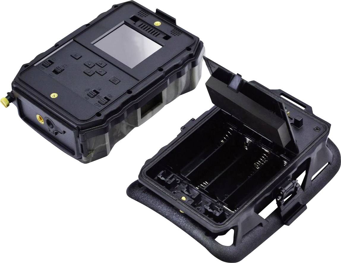 Een apparaat met een open batterijvak, toont de voorkant met een display en toetsen, evenals de achterkant voor de stroomvoorziening.