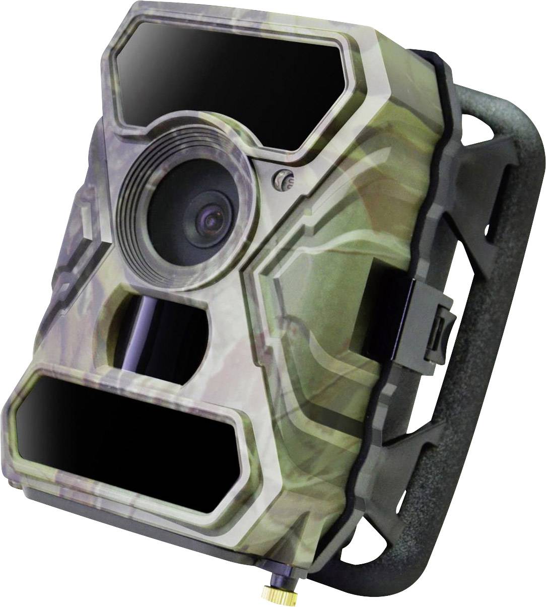 Weerbestendige wildcamera met camouflagepatroon, groot objectief en bewegingssensor, voor het vastleggen van dierenfoto's in de natuur.