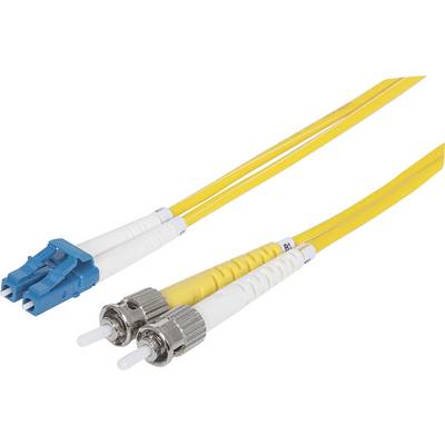 Geel glasvezelkabel met blauwe en zilveren connectoren, die worden gebruikt voor high-speed datatransmissies.