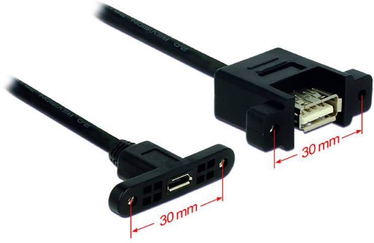 USB-kabel met twee aansluitingen, één rechthoekig, één rechthoekig met afgeronde hoeken. Afmetingen: 30 mm x 30 mm.