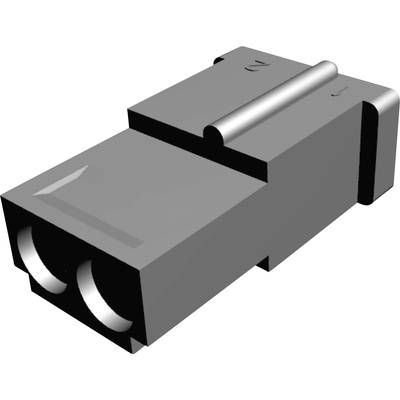Een grijze MTRJ-stekker, cilindrische dubbele aansluitingen aan de voorkant, rechthoekige behuizing met metalen groef bovenaan voor netwerkkabel.