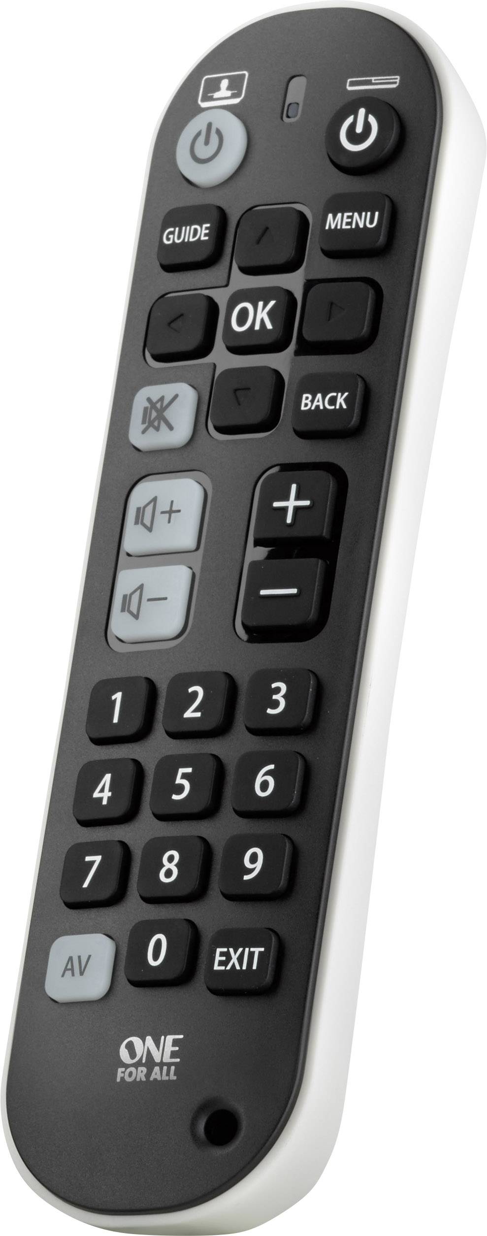 Een zwarte afstandsbediening met grijze toetsen voor volumeregeling, zapperen en navigatie, geschikt voor tv-bediening.