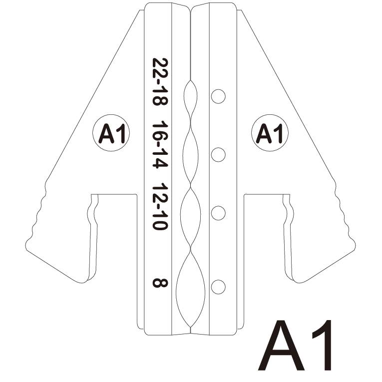 Afbeelding van een krimptang met markeringen 'A1', meetschaal '22-18, 16-14, 12-10, 8' voor draaddikte-aanpassing.