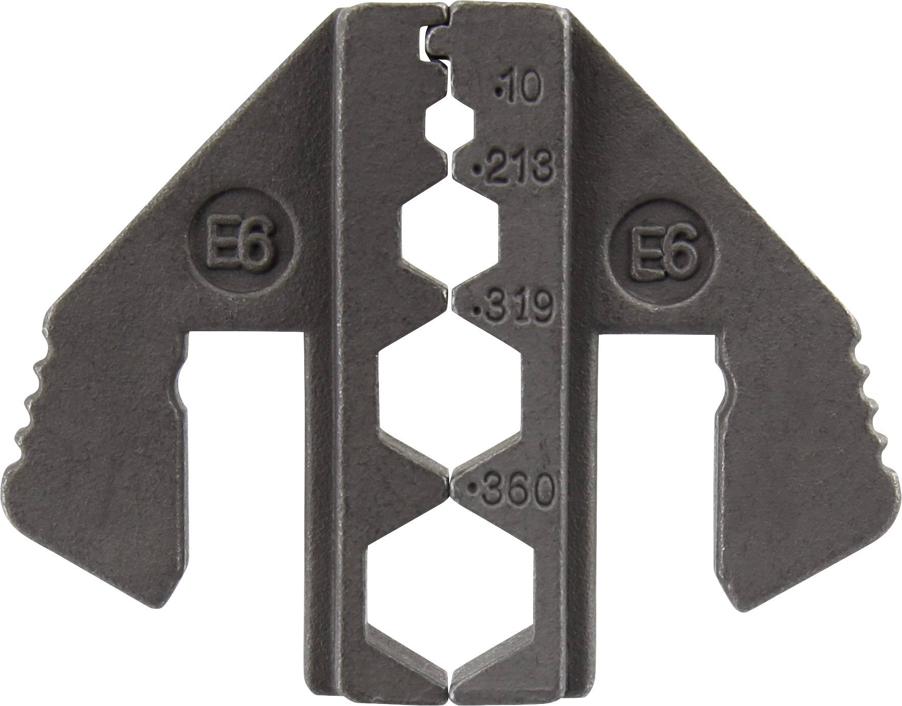 Metalen gereedschap met zeshoekige uitsneden in verschillende formaten, gemarkeerd met 'E6', vermoedelijk bedoeld voor maatbepaling of aanpassingen.