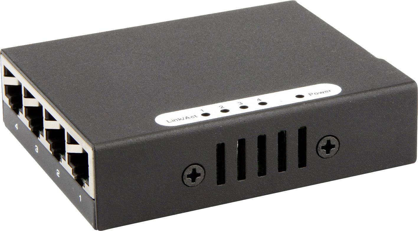 Een zwarte netwerk-switch met vijf Ethernet-poorten en status-LED's aan de bovenkant.
