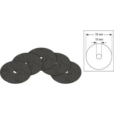Meerdere slijpschijven, elk met een gat in het midden. Een diagram toont een diameter van 76 mm en een gatgrootte van 10 mm.