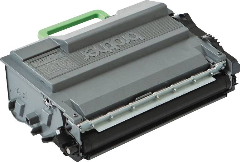 Een grijze en zwarte tonercartridge met een groene greep, geschikt voor printapparatuur, toont een tekststempel op de bovenkant.