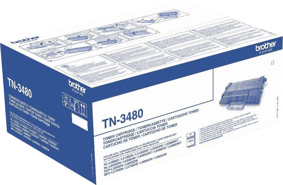 Een Brother TN-3480 tonerpatroon verpakking. Bevat details over capaciteit en compatibiliteit. Productafbeelding op de doos.