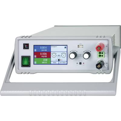 Een grijze elektrische meetinstrument met een digitaal display toont 0,00 Volt en 0,00 Ampère. Bedieningsknoppen en aansluitingen zijn zichtbaar.