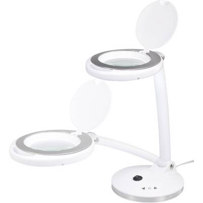 Witte tafellamp met twee ronde verlichtingskoppen en geïntegreerde loep, beide op verstelbare armen, geschikt voor precisiewerkzaamheden.
