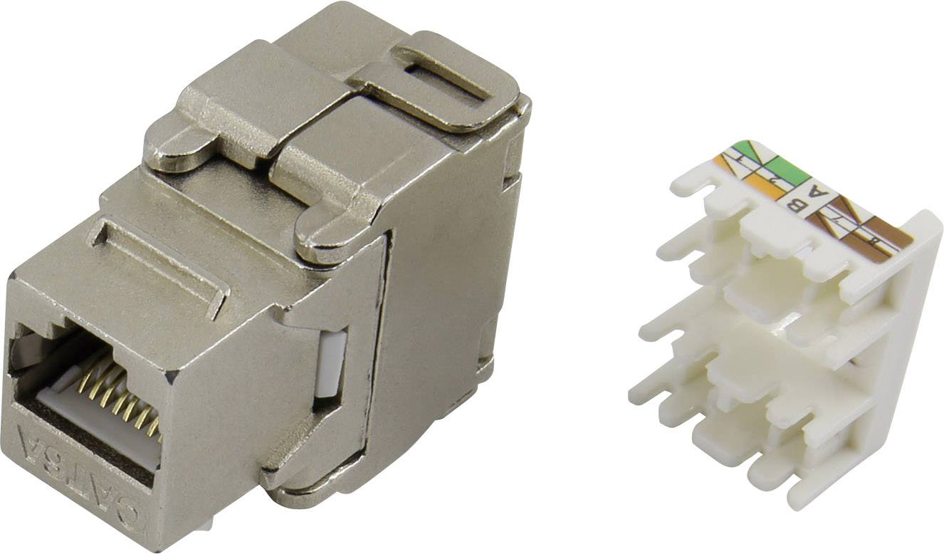 'CAT 6A'-netwerkconnector van metaal naast een kunststofmodule voor kabelaansluitingen. Geschikt voor hoogsnelle gegevensoverdracht.