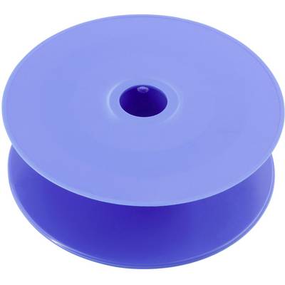 Een blauwe kunststof spoel met een centrale opening, gebruikt voor het oprollen van koorden of kabels.