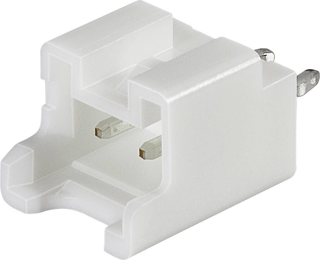 Een witte, rechthoekige kunststof adapter met twee metalen pinnen en twee open aansluitingen, bestemd voor gebruik met elektronische apparaten.