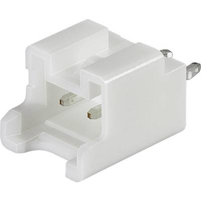 Een witte, rechthoekige kunststof adapter met twee metalen pinnen en twee open aansluitingen, bestemd voor gebruik met elektronische apparaten.