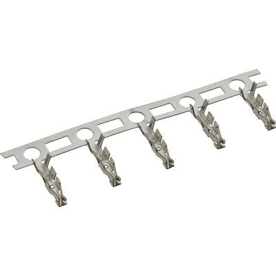 Een metalen strip met vijf bevestigde klemmen op gelijkmatige afstanden, geschikt voor het vastzetten of verbinden van kabels.