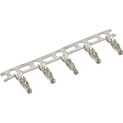 Metalen strip met meerdere metalen klemmen achter elkaar, gebruikt voor elektrische of mechanische toepassingen.