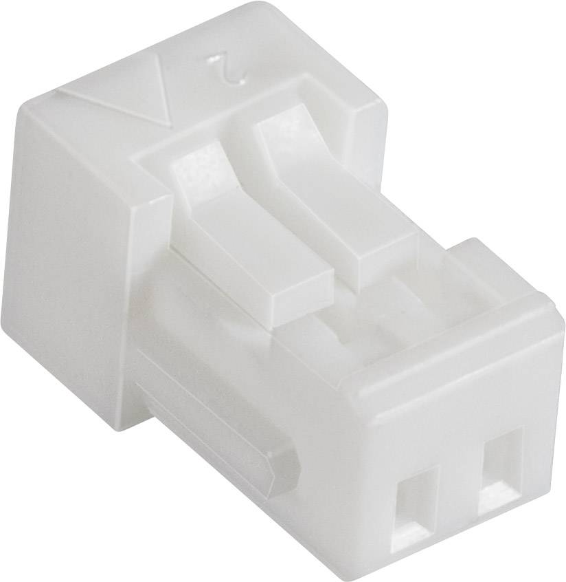 Kleine, witte kunststof stekker met twee parallelle aansluitingen, mogelijk voor elektronische of elektrische verbindingen.