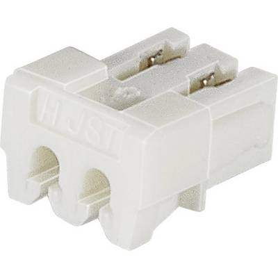 Een witte tweepolige stekker met de opdruk 'HJST' aan de voorkant, geschikt voor elektrische verbindingen.