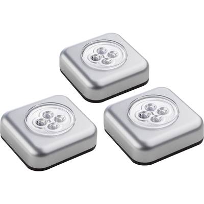 Drie vierkante, zilveren LED-armaturen, elk met drie ronde lampen in het midden, weergegeven op een witte achtergrond.