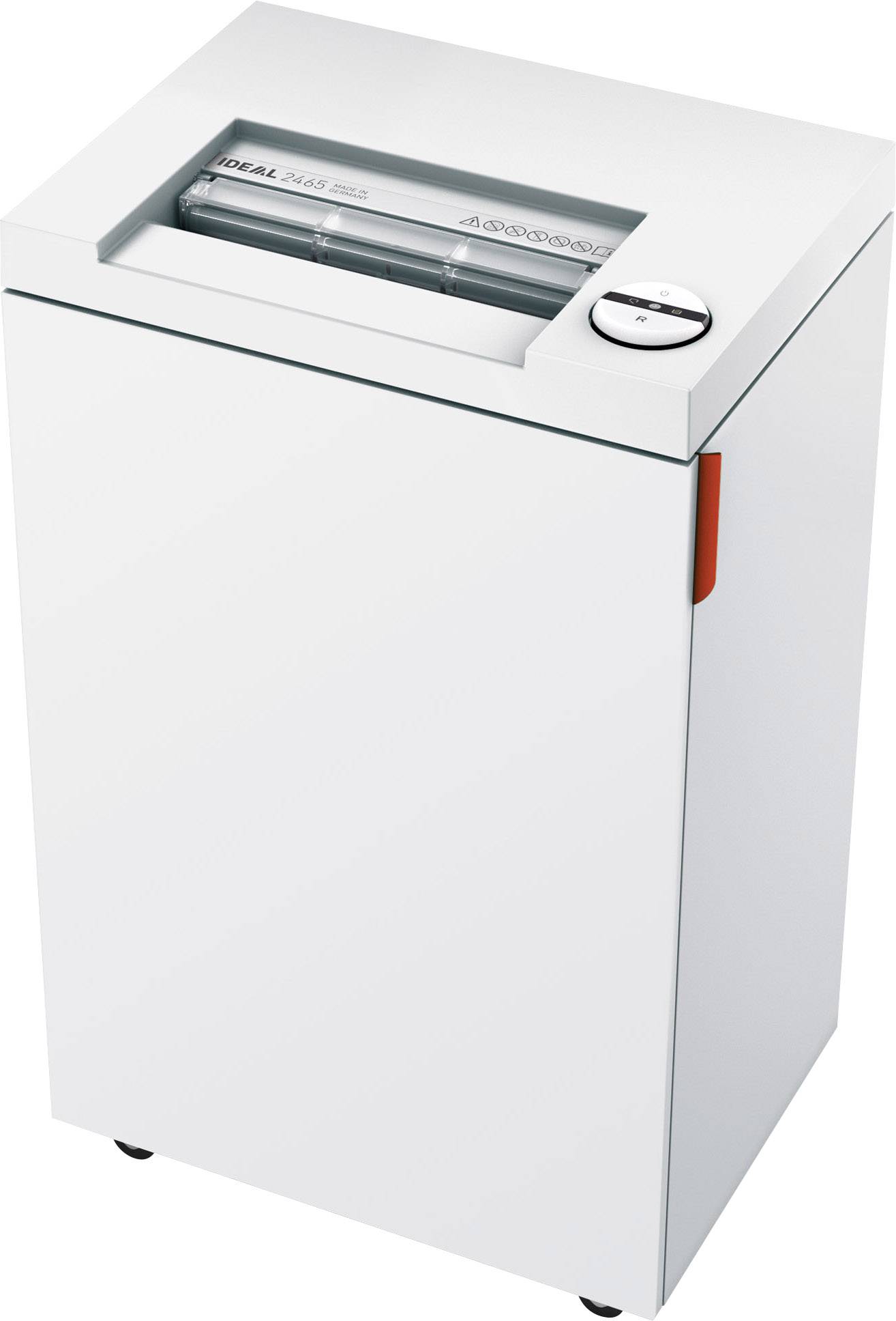 Een papiervernietiger met modern design, geschikt voor kantoren, heeft de papierinvoer aan de bovenkant en een ronde bedieningsknop.