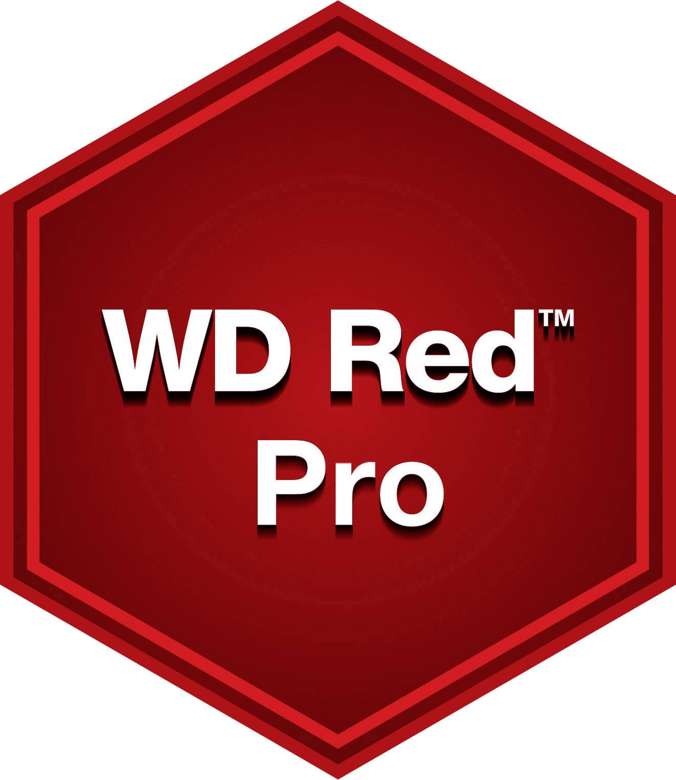 Een rood zeshoek met witte tekst 'WD Red Pro', staat voor een serie harde schijven voor professioneel gebruik.