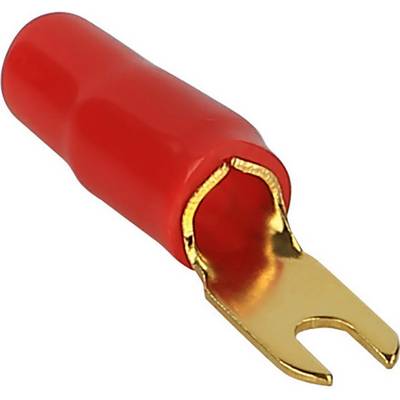 Een rode, geïsoleerde U-vormige kabelschoen met gouden vorkaansluiting voor elektrische toepassingen.