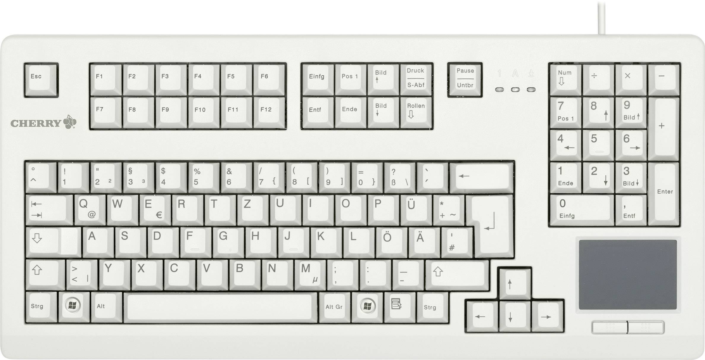 Witte toetsenbord met Duits QWERTZ-toetsenbordindeling, numeriek toetsenblok en geïntegreerd touchpad aan de rechterkant.
