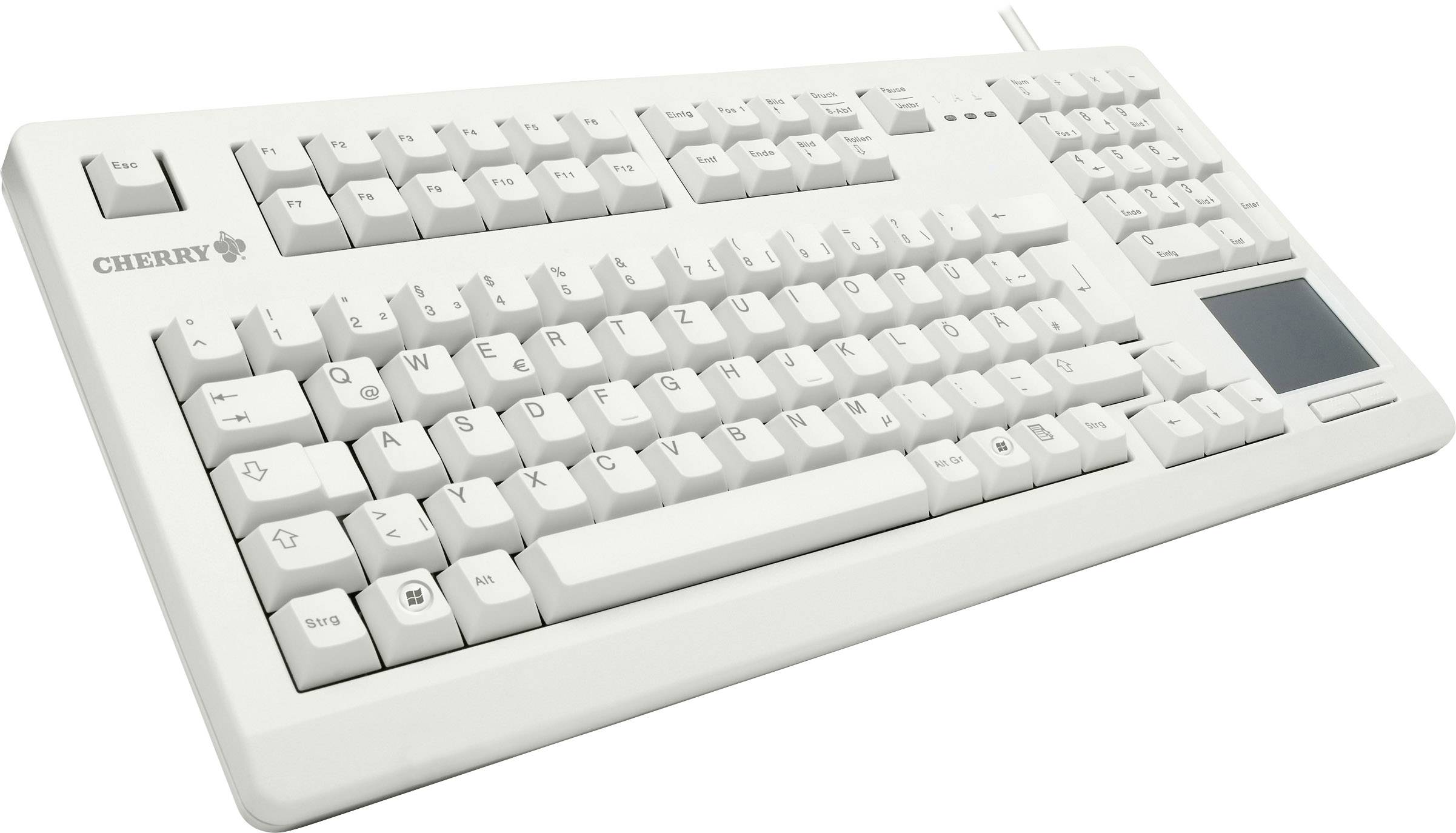 Witte computerkeyboard met Duits QWERTZ-toetsenbordindeling, numeriek toetsenblok rechts, merk 'Cherry', met trackpad rechtsboven.