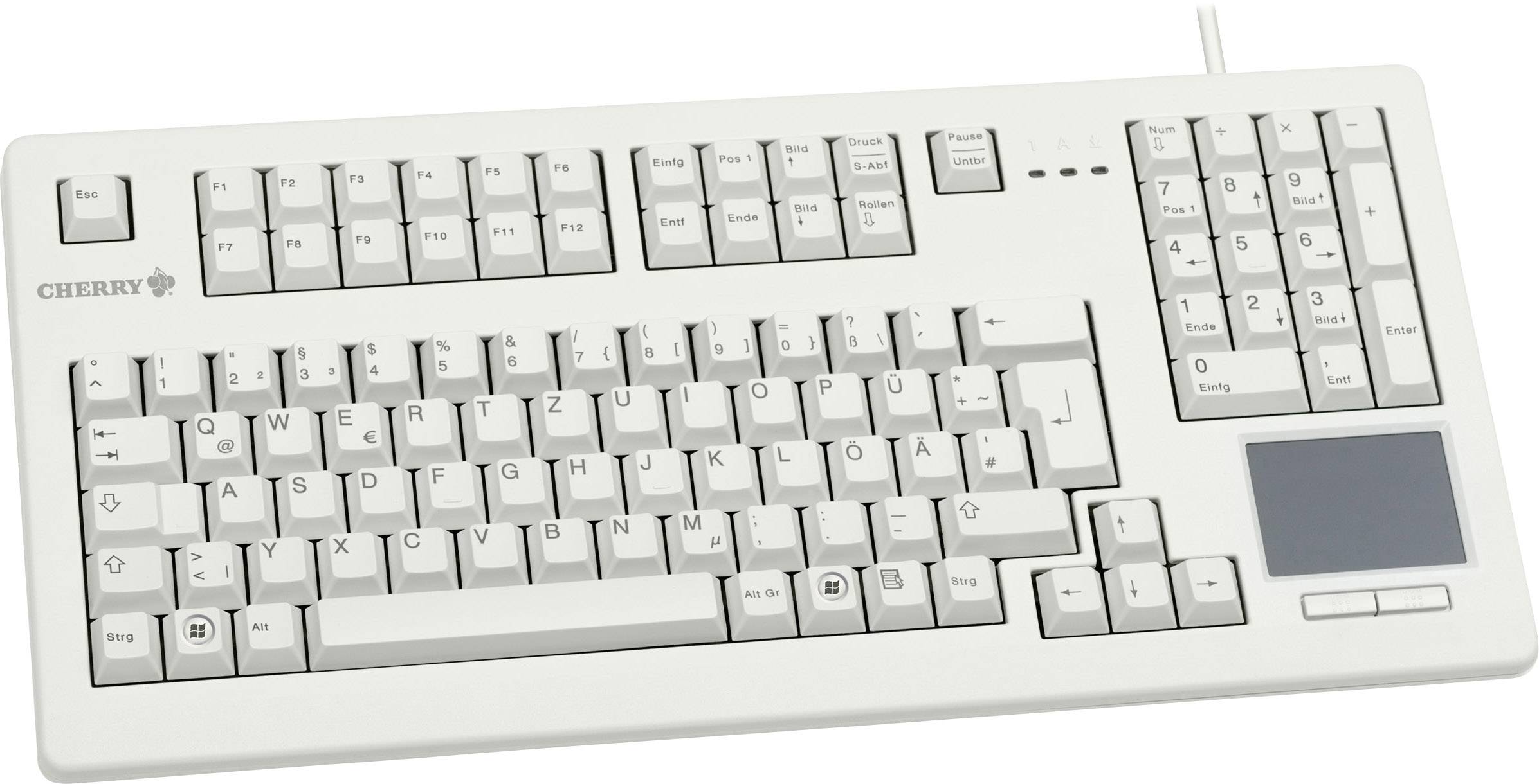 Een witte computertastatuur met QWERTZ-indeling en geïntegreerd touchpad rechts. 'Cherry' markering links bovenaan.
