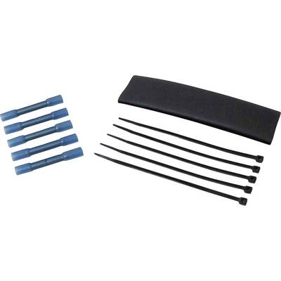 Kabelverbinder-set met vijf blauwe krimpverbinders, vijf zwarte kabelbinders en een zwarte krimpkous.
