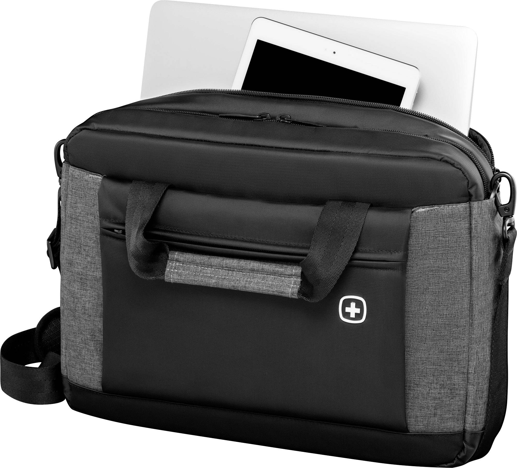 Een zwarte laptoptas met grijze accenten en een schouderband, half geopend, met een tablet zichtbaar in het hoofdvak.