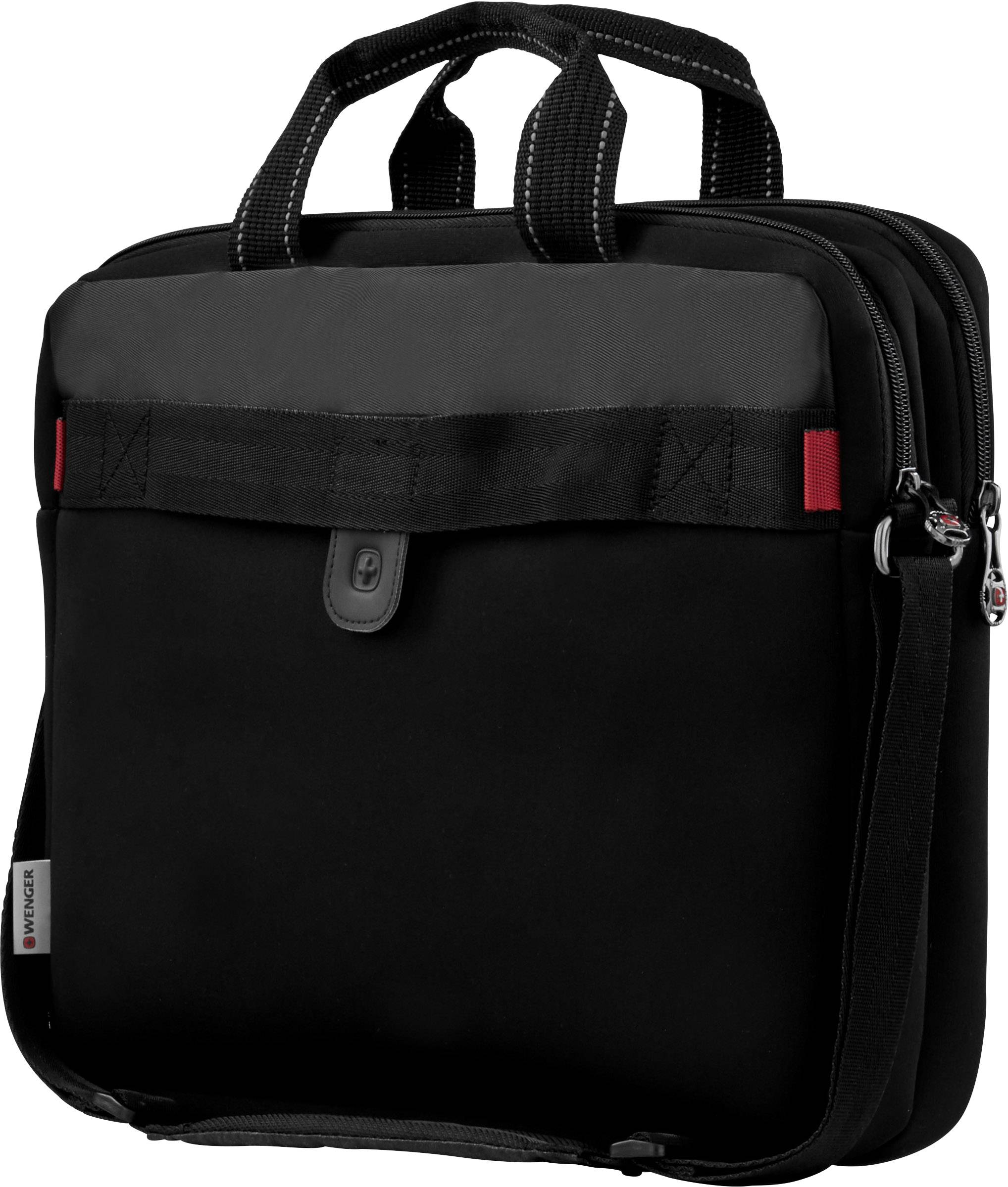 Zwarte, vierkante schoudertas met handgrepen en ritsen, geschikt voor laptoptransport.