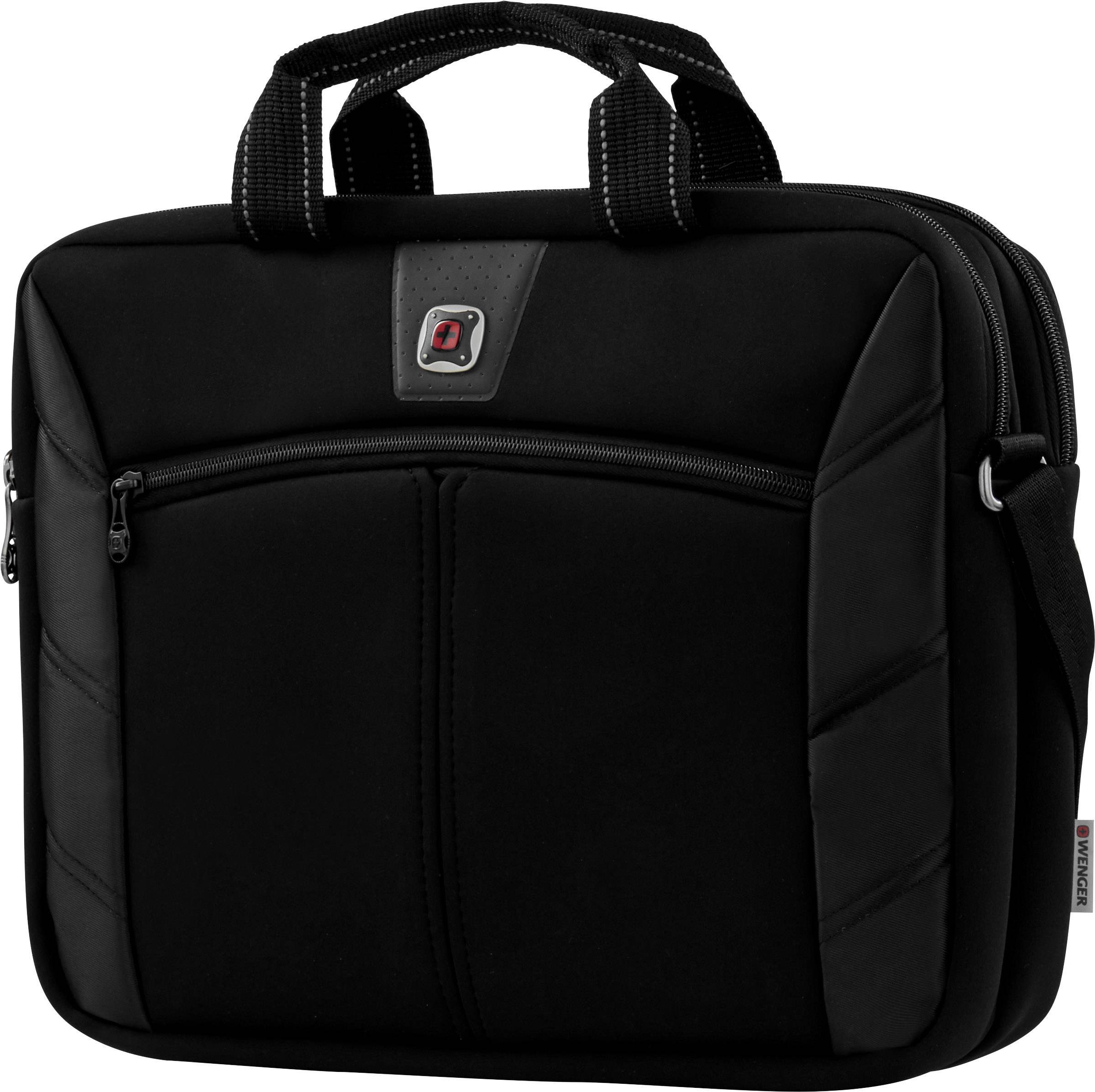 Zwarte laptoptas met handgrepen en rits, geschikt voor veilig transport van laptops.