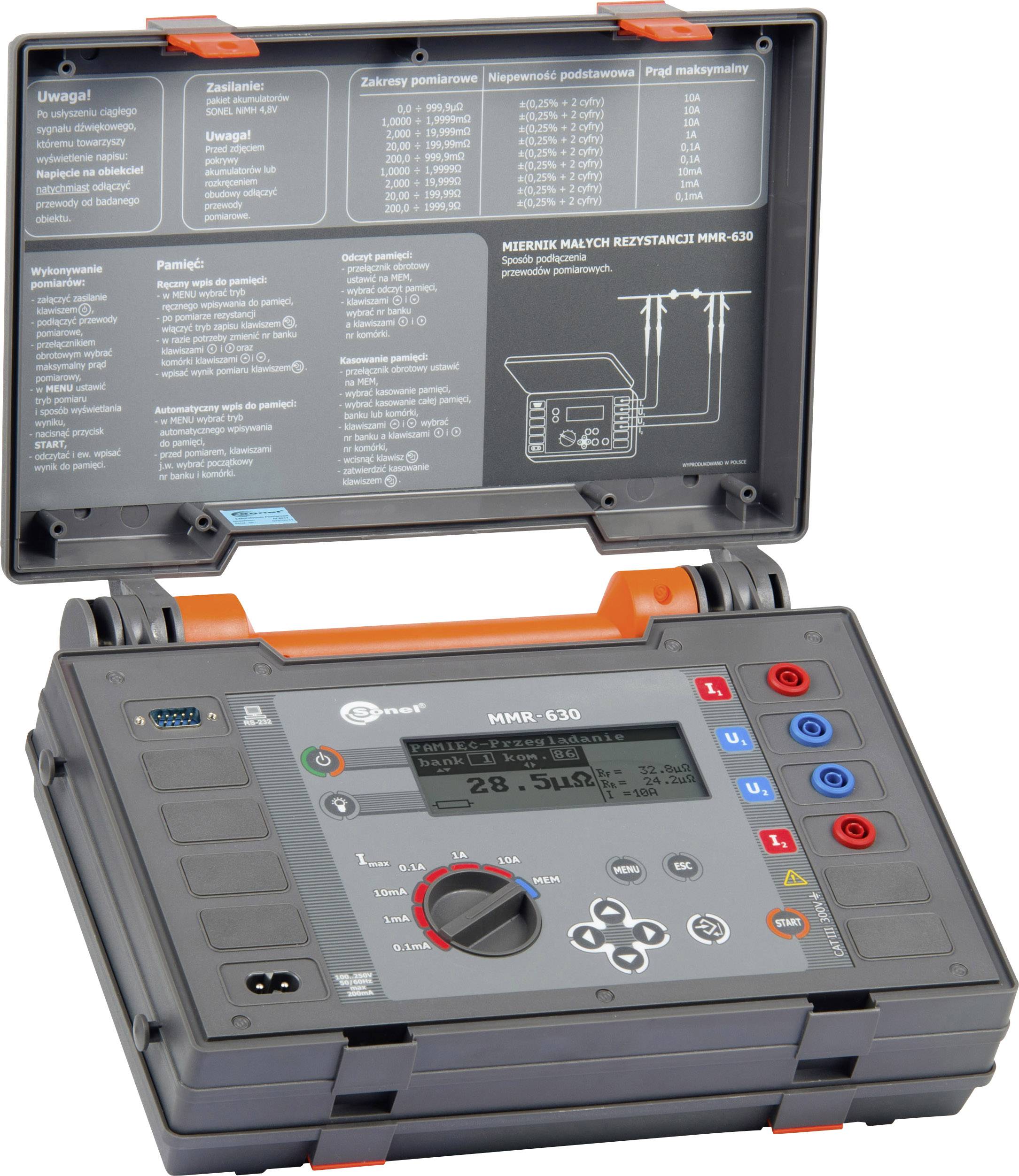 Multimeter voor het meten van elektrische weerstanden. Geopend apparaat met toetsenveld en display. Instructies zichtbaar in de deksel.