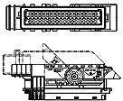 Tekening van een multipolaire connector in zij- en bovenaanzicht, toont complexe interne details en elektrische contacten.