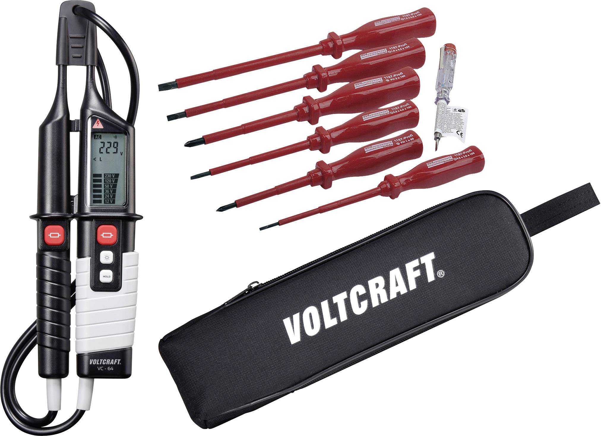 Een multimeterset met een digitaal spanningmeetapparaat, zes rode schroevendraaiers en een zwarte tas met het 'Voltcraft'-logo.