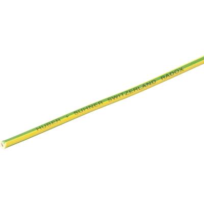 Geel-groene elektrische kabel met opdruk 'Huber+Suhner Switzerland Radox', gebruikt voor elektrische isolatie en aarding.