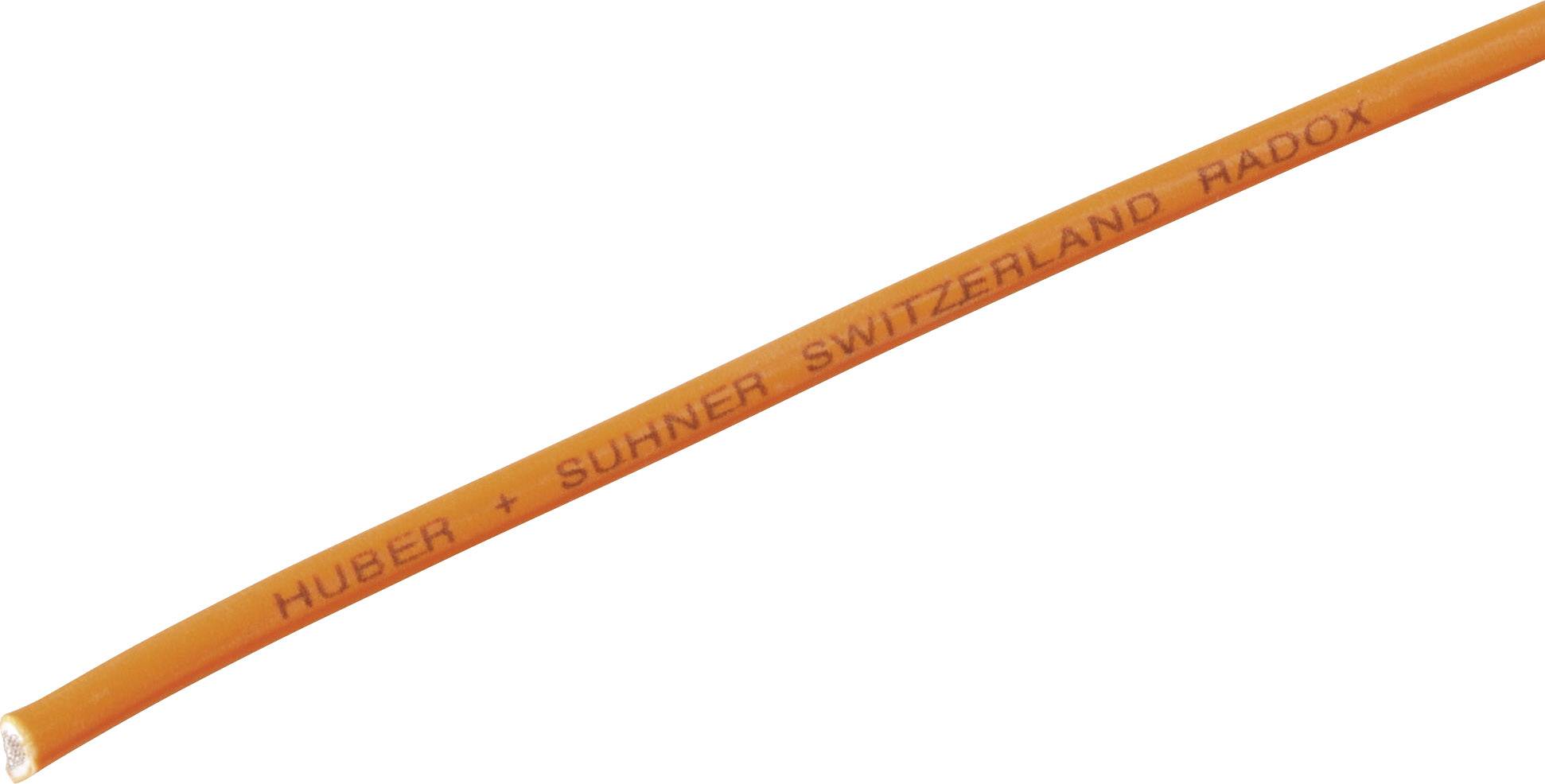 Oranje kabel met opschrift 'Huber + Suhner Switzerland Radox'.