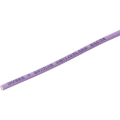 Paarse kabel met opschrift 'Huber + Suhner Switzerland Radox', mogelijk een elektrisch of elektronisch aansluitkabel.
