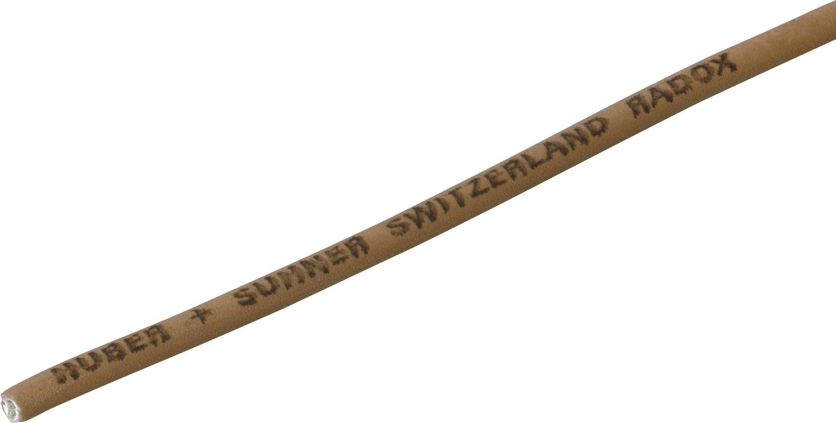 Een bruin kabel met de opdruk 'HUBER + SUHNER SWITZERLAND RADOX' in zwarte kleur.
