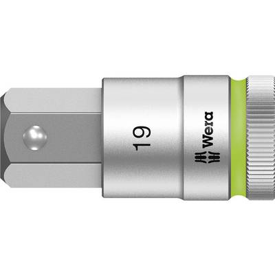 Een metalen dopsleutelopzetstuk met het getal '19' en het logo van het merk 'Wera'. Het heeft een gele markering aan zijn zijkant.